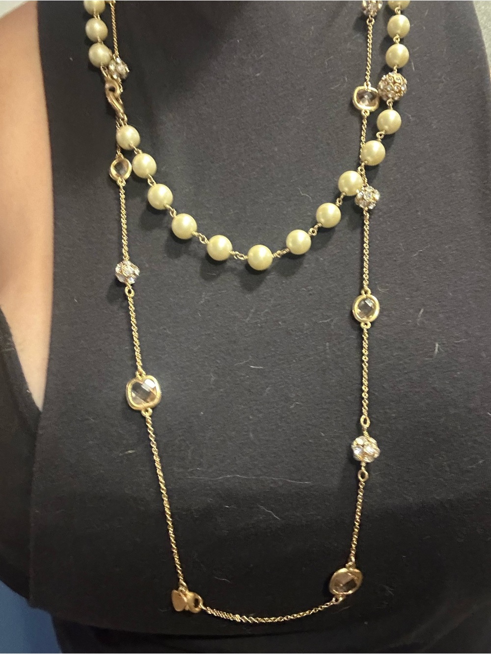 Gold Pearl and Crystal Long Layered Necklace - Women Jewelry